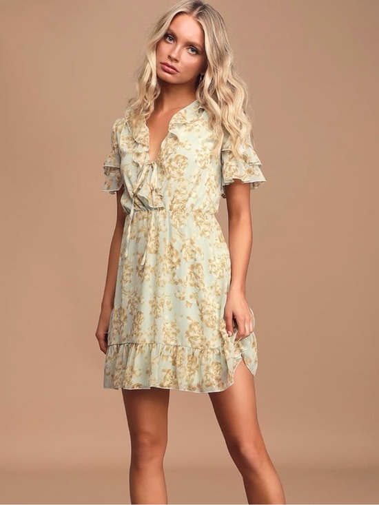 Lulus Dresses & Skirts - Lulus Dreaming Of Romance Dress M Mint Floral Ruffle Mini Tie Front Cottagecore